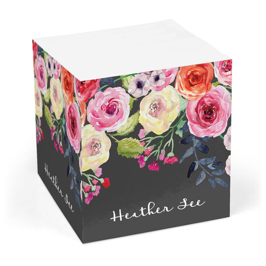 Charcoal Watercolor Roses Sticky Memo Cube